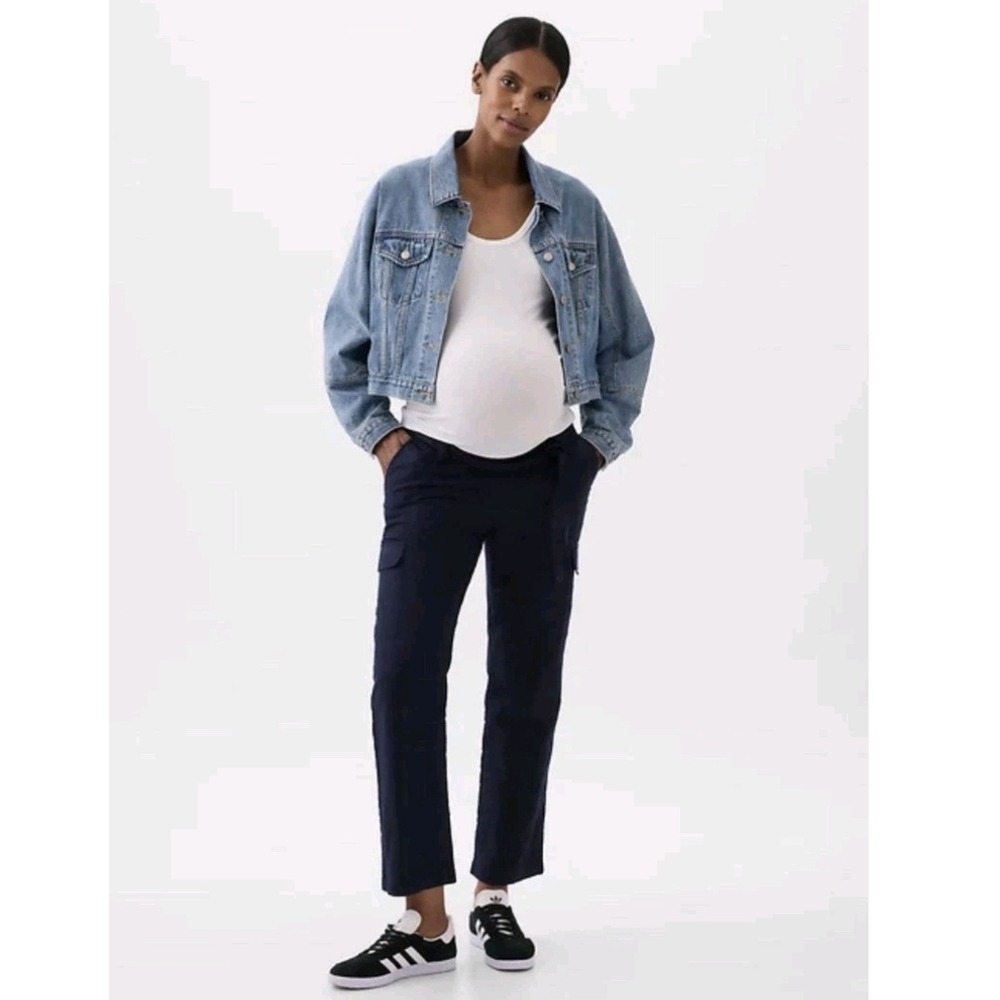 GAP Maternity Women's Cargo Pants Large Navy Blue Linen Blend Casual vacation